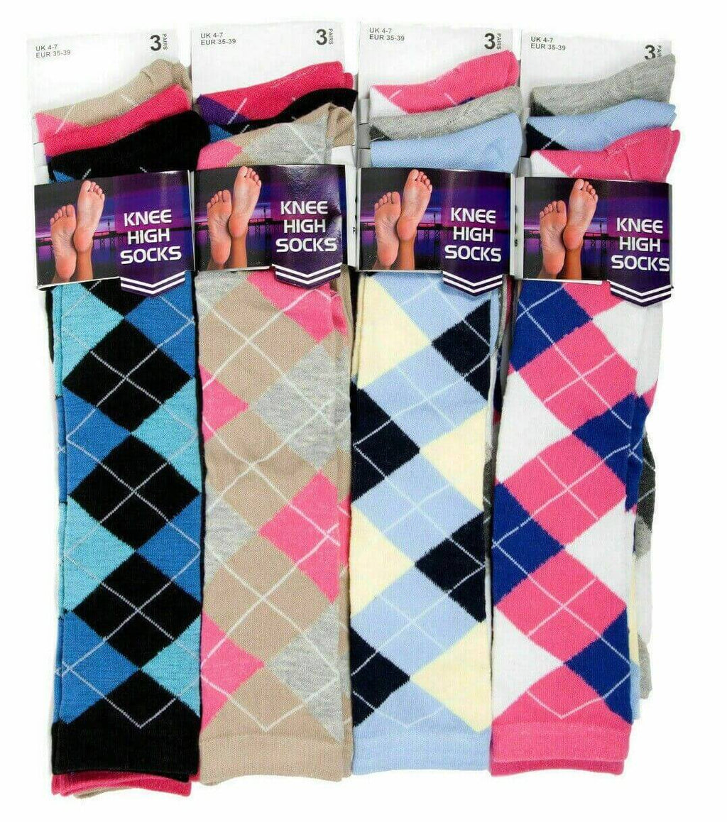 Argyle Dress Socks Women's Long Argyle Knee High Warm Ladies Socks Equestrian Horse Riding UK lot - Comfyfit ltd