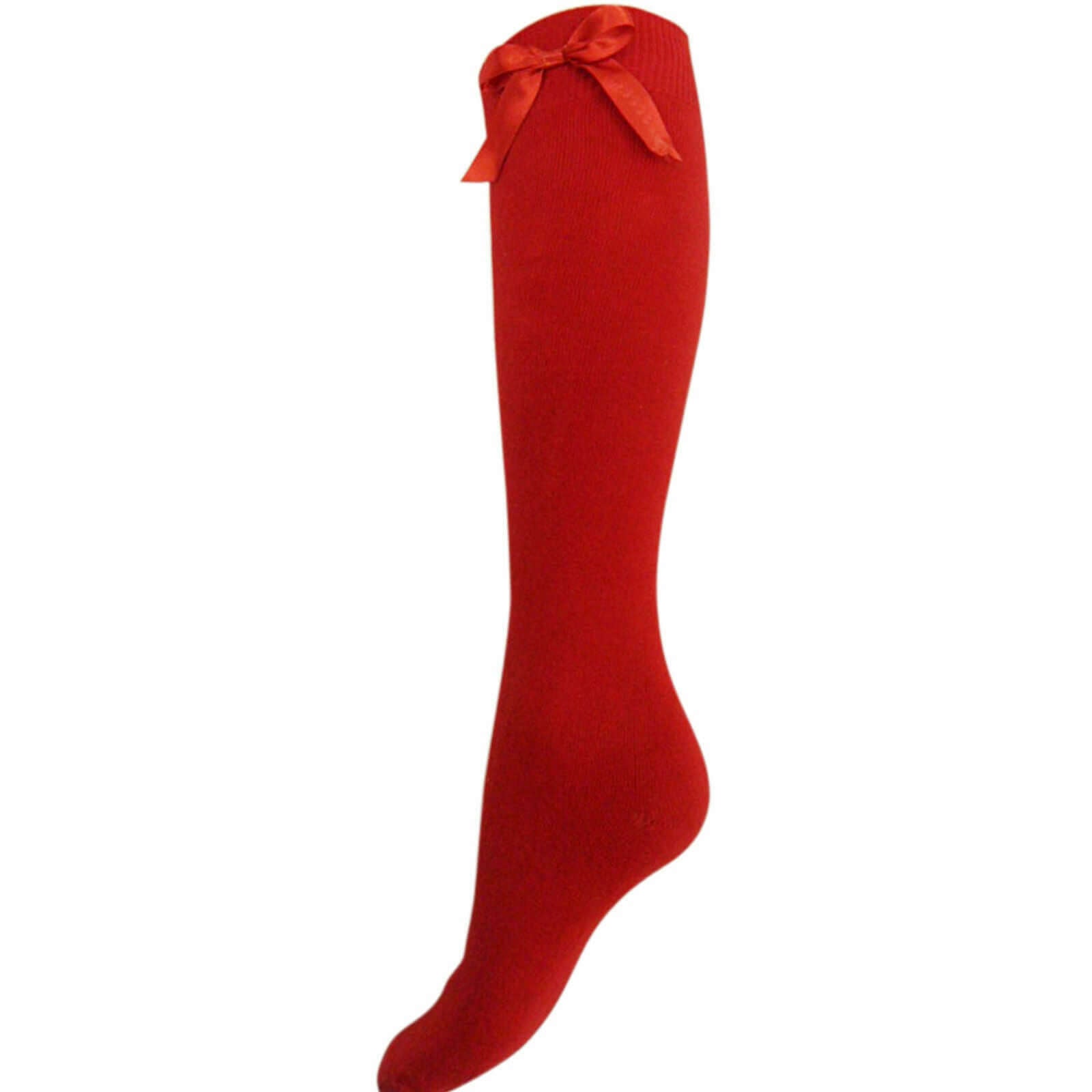 GIRLS KNEE HIGH COTTON RIBBON BOW LYCRA SOCK WITH MATCHING BOW LONG SCHOOL SOCKS