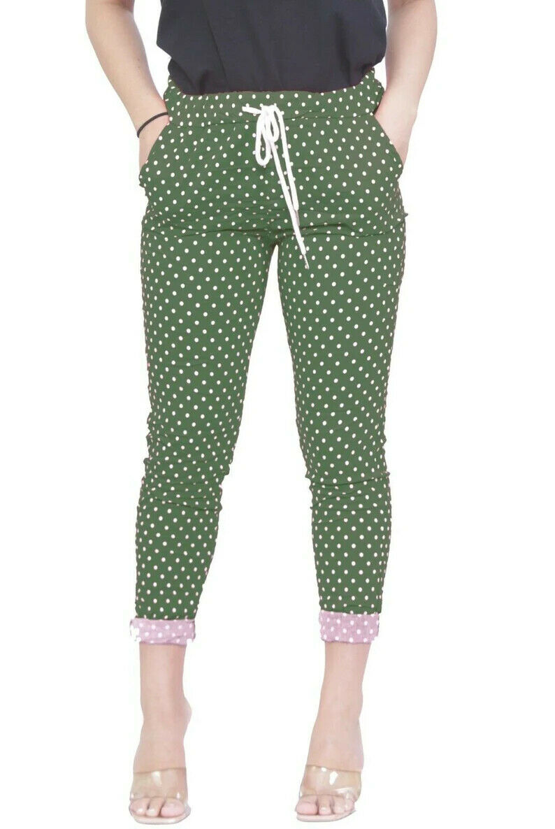 Women's Italian Causal Stretch Magic Polka & Zebra Print Trouser Summand New Condition with tags. Excellent Premium Quality.Plain Summer Colors.2 side pocket 2 back pocket.Elastic waist drawstr