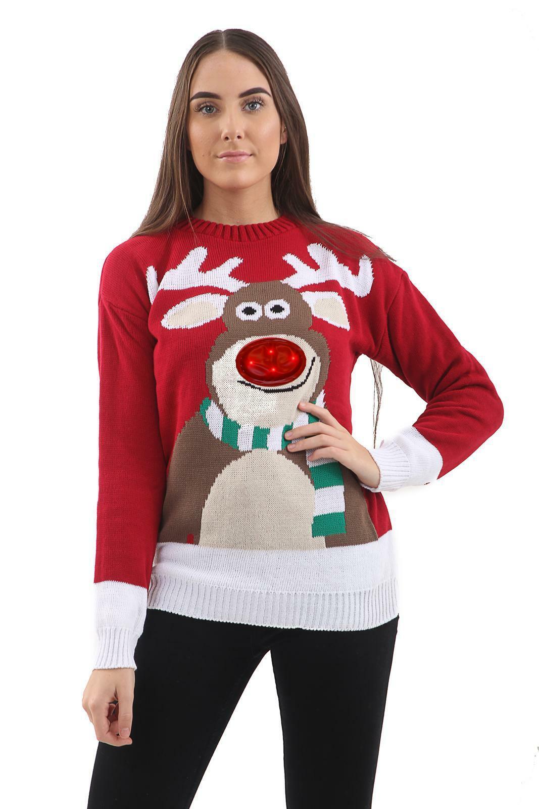 Christmas Unisex Men Women Jumper Nose LED Light Up Rudolph Novelty Sweater Top - Comfyfit ltd