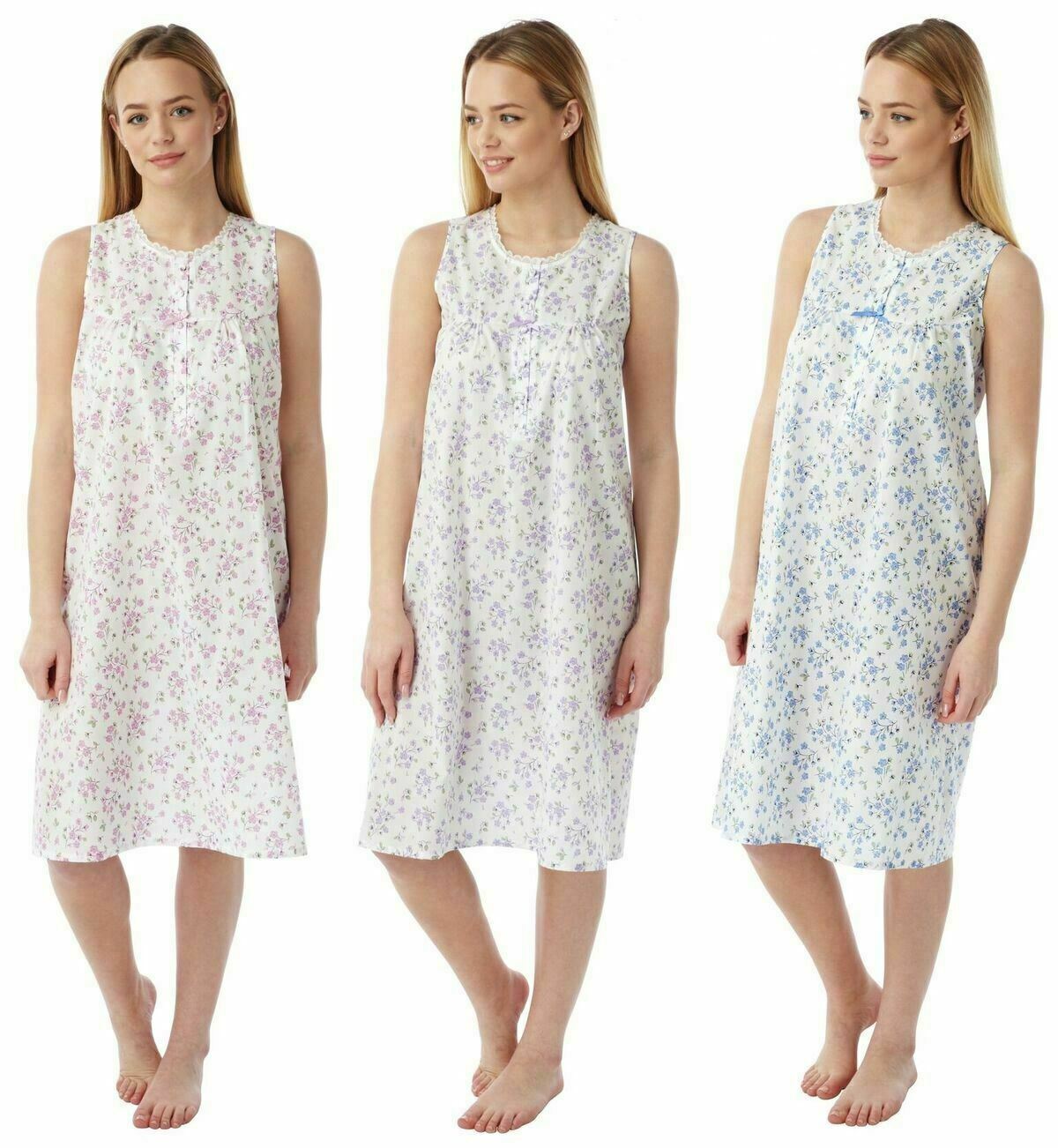 LADIES MARLON SLEEVELESS FLORAL SPRIG POLYCOTTON NIGHTDRESS WEARS - Comfyfit ltd