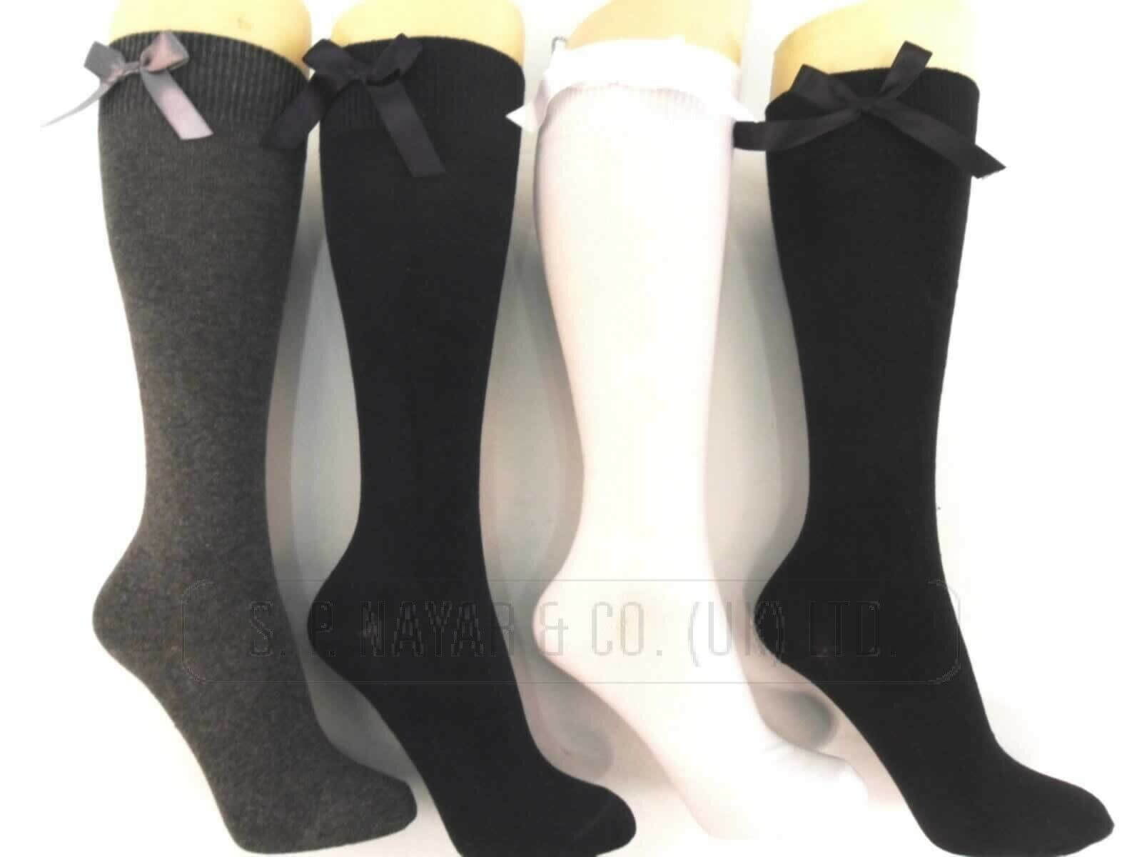 GIRLS KNEE HIGH COTTON RIBBON BOW LYCRA SOCK WITH MATCHING BOW LONG SCHOOL SOCKS