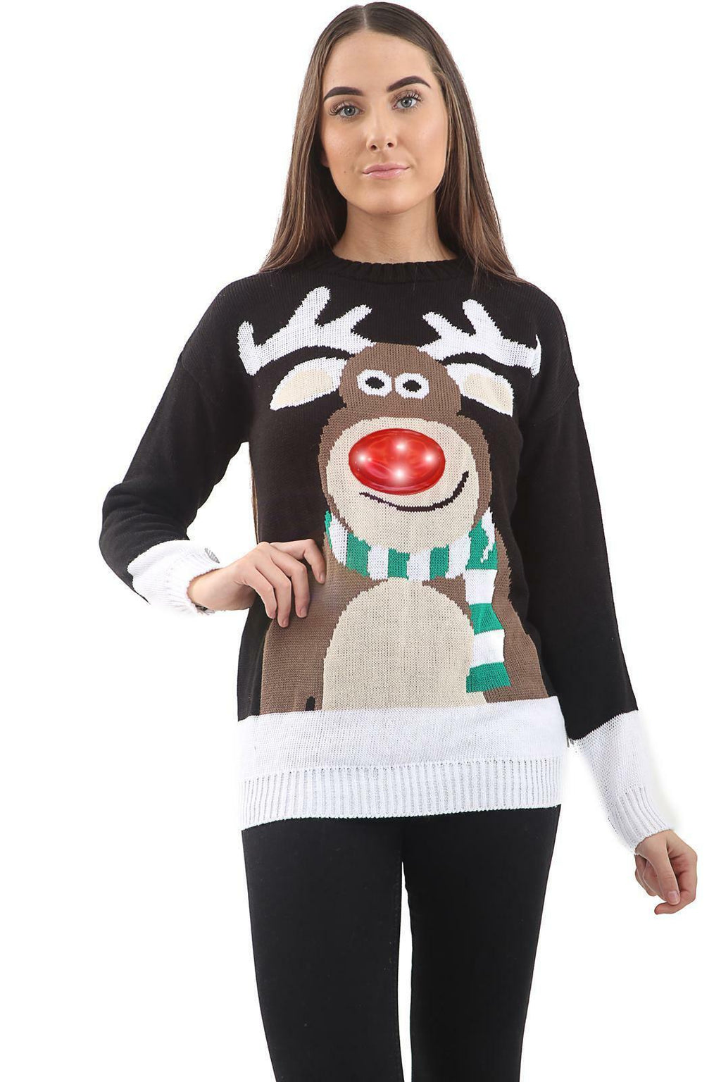 Christmas Unisex Men Women Jumper Nose LED Light Up Rudolph Novelty Sweater Top - Comfyfit ltd