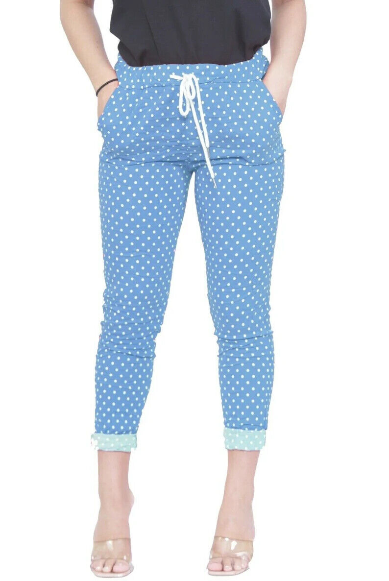 Women's Italian Causal Stretch Magic Polka & Zebra Print Trouser Summn.Made in Italy.Brand New Condition with tags.Excellent Premium Quality.Plain Summer Colors.2 side pocket 2 back pocket.Elastic waist drawstr