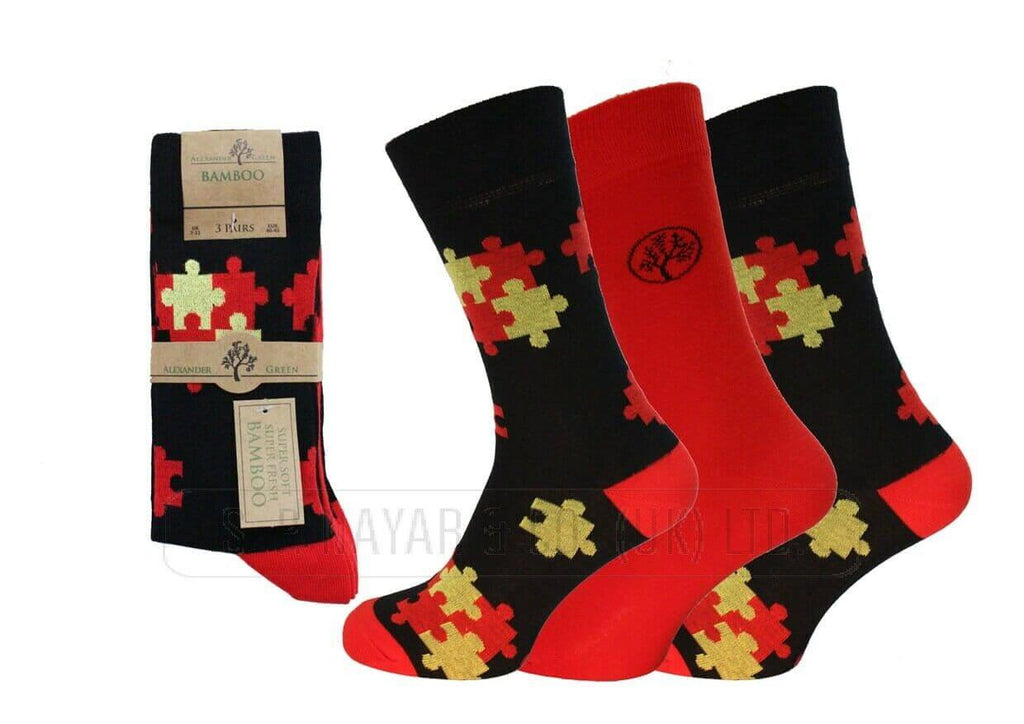 Men's Fancy JIGSAW ANDPLAIN Pattern Bamboo Socks Size UK 7-11