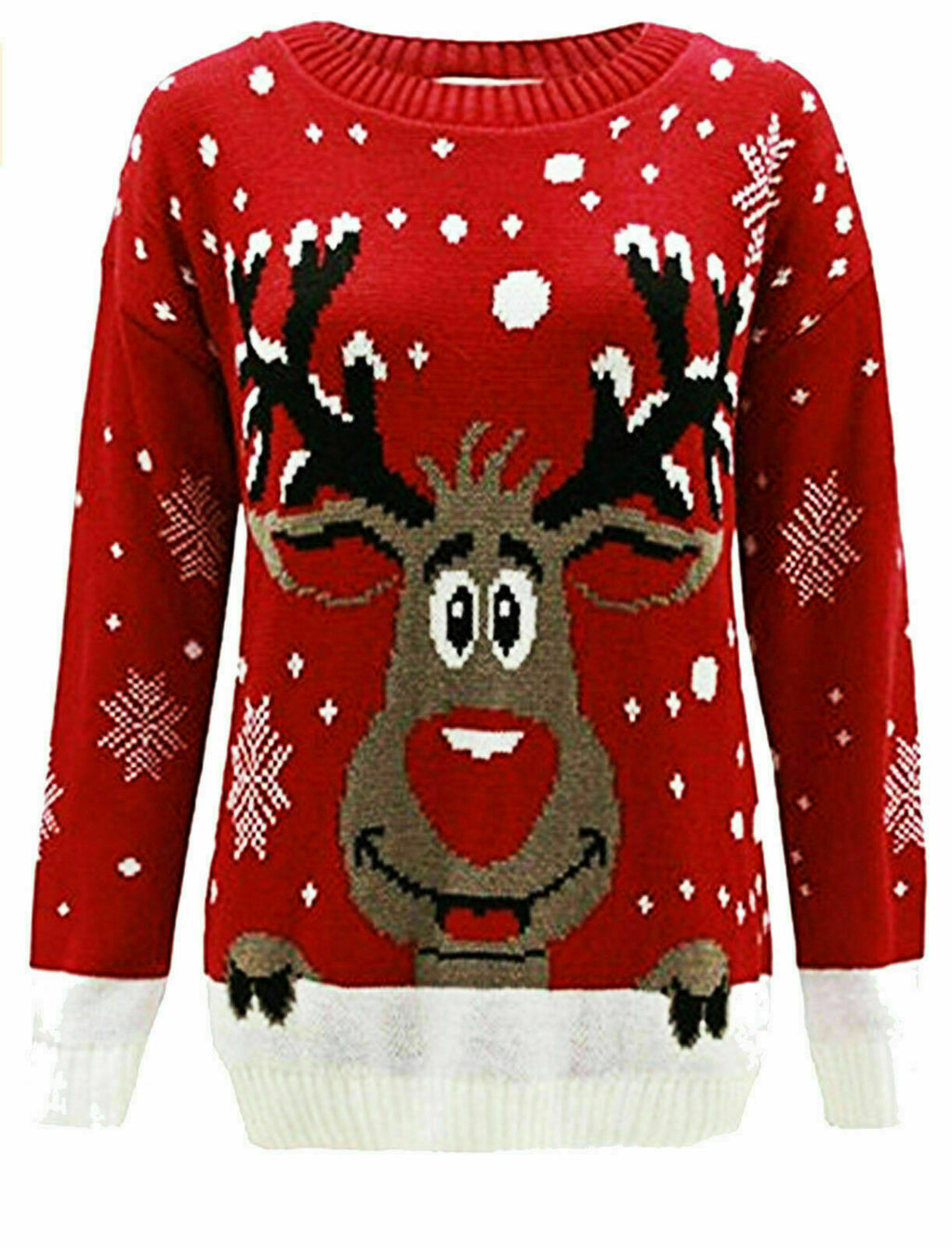 Unisex Christmas jumper with reindeer design and snowflakes.