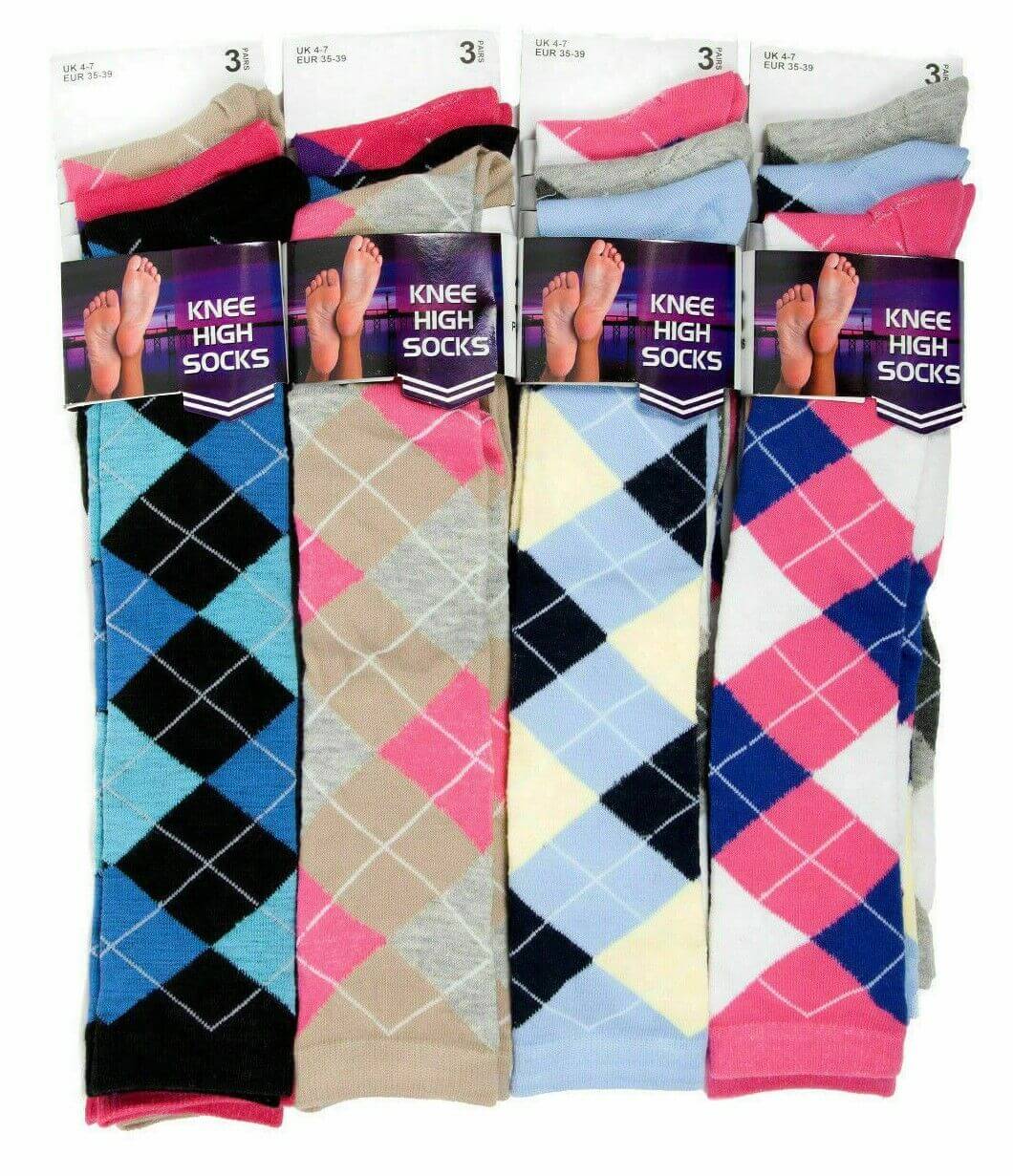 Women's Long Argyle Knee High Warm Ladies Pink Socks Equestrian Horse Riding.